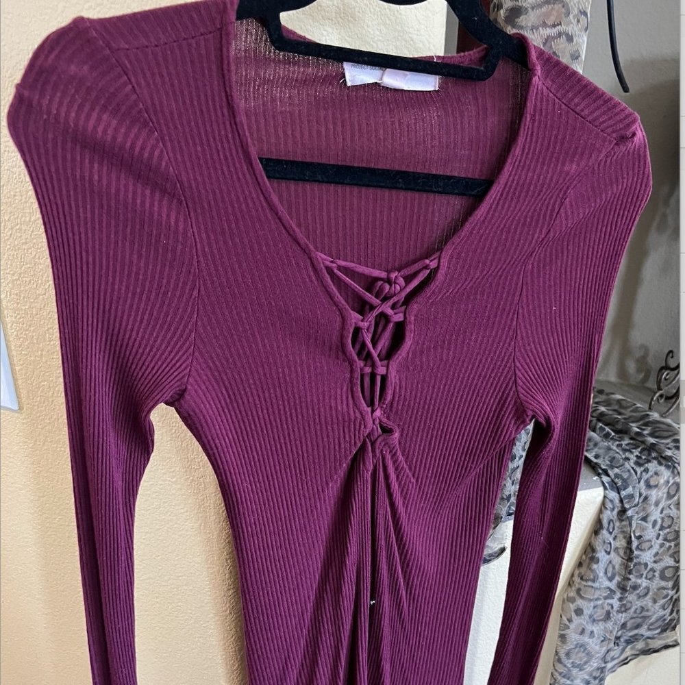 Burgundy Long Sleeve Shirt (Cleavage Accent)